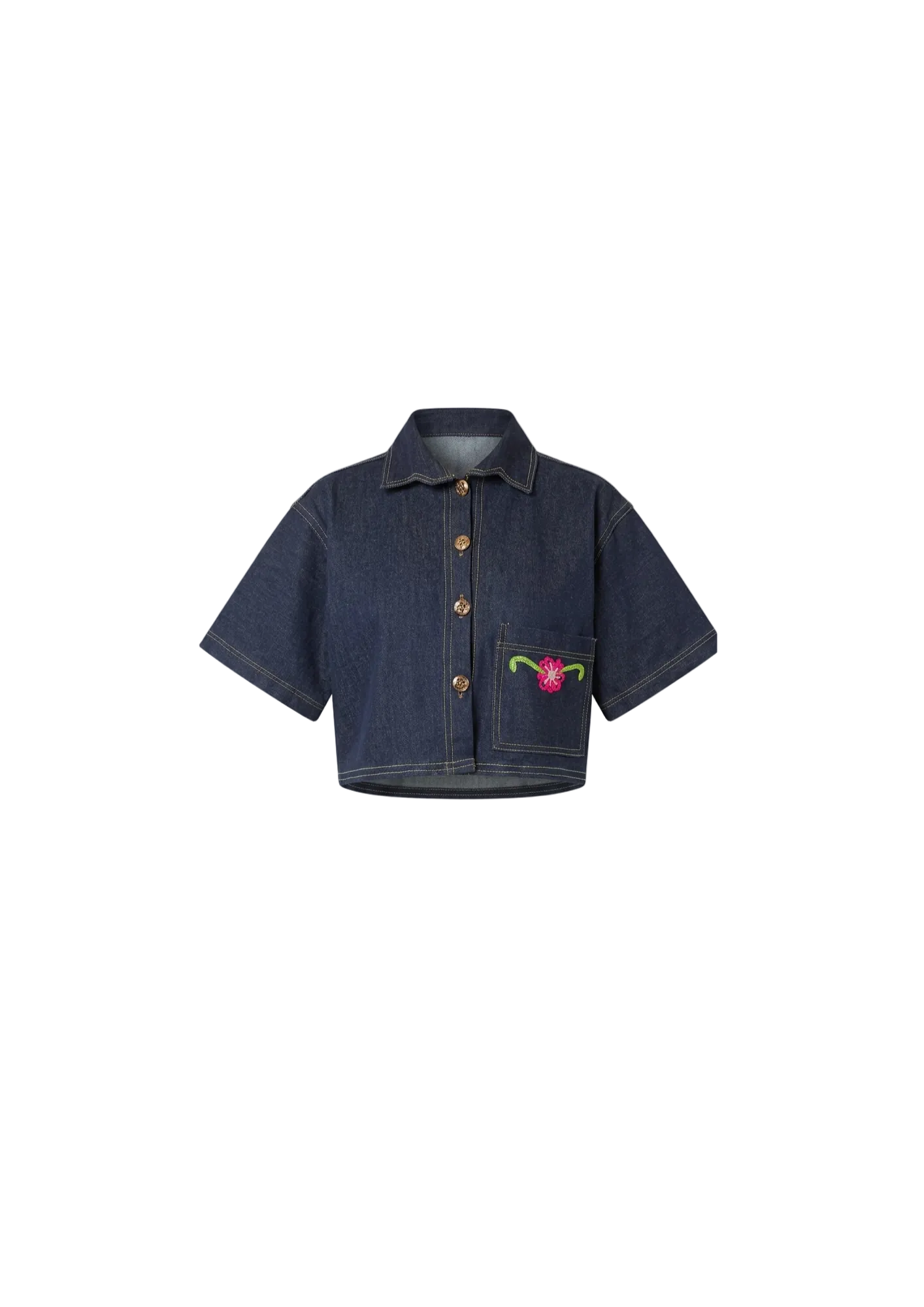 Camisa Crop Denim Flor Bordada