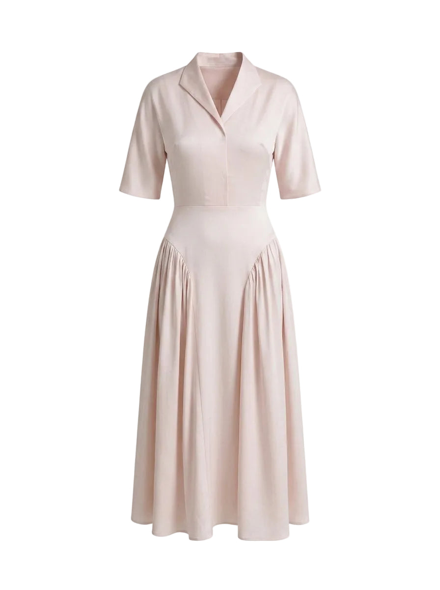 Vestido Midi con Cuello Solapa y Falda Plisada Rosa Polvos