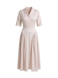 Vestido Midi con Cuello Solapa y Falda Plisada Rosa Polvos