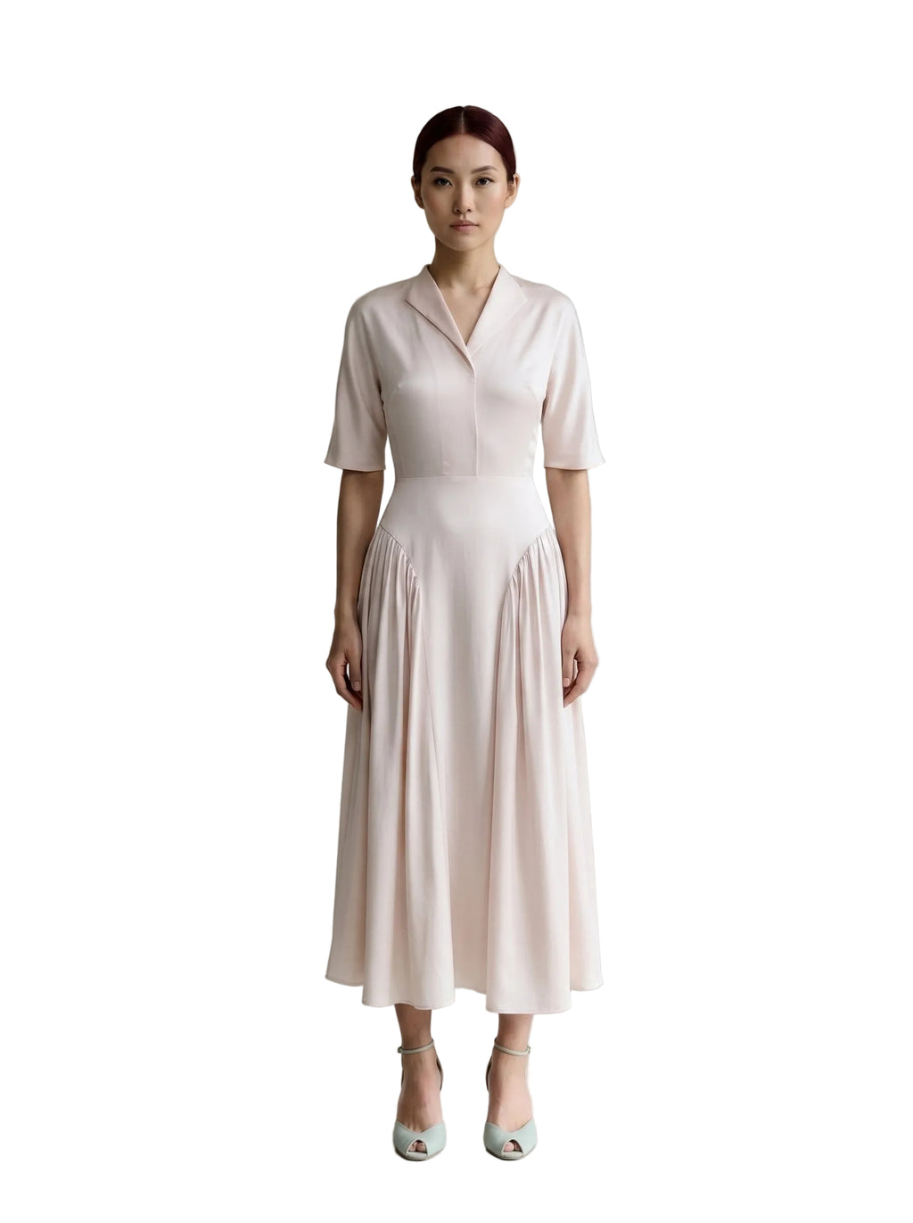 Vestido Midi con Cuello Solapa y Falda Plisada Rosa Polvos
