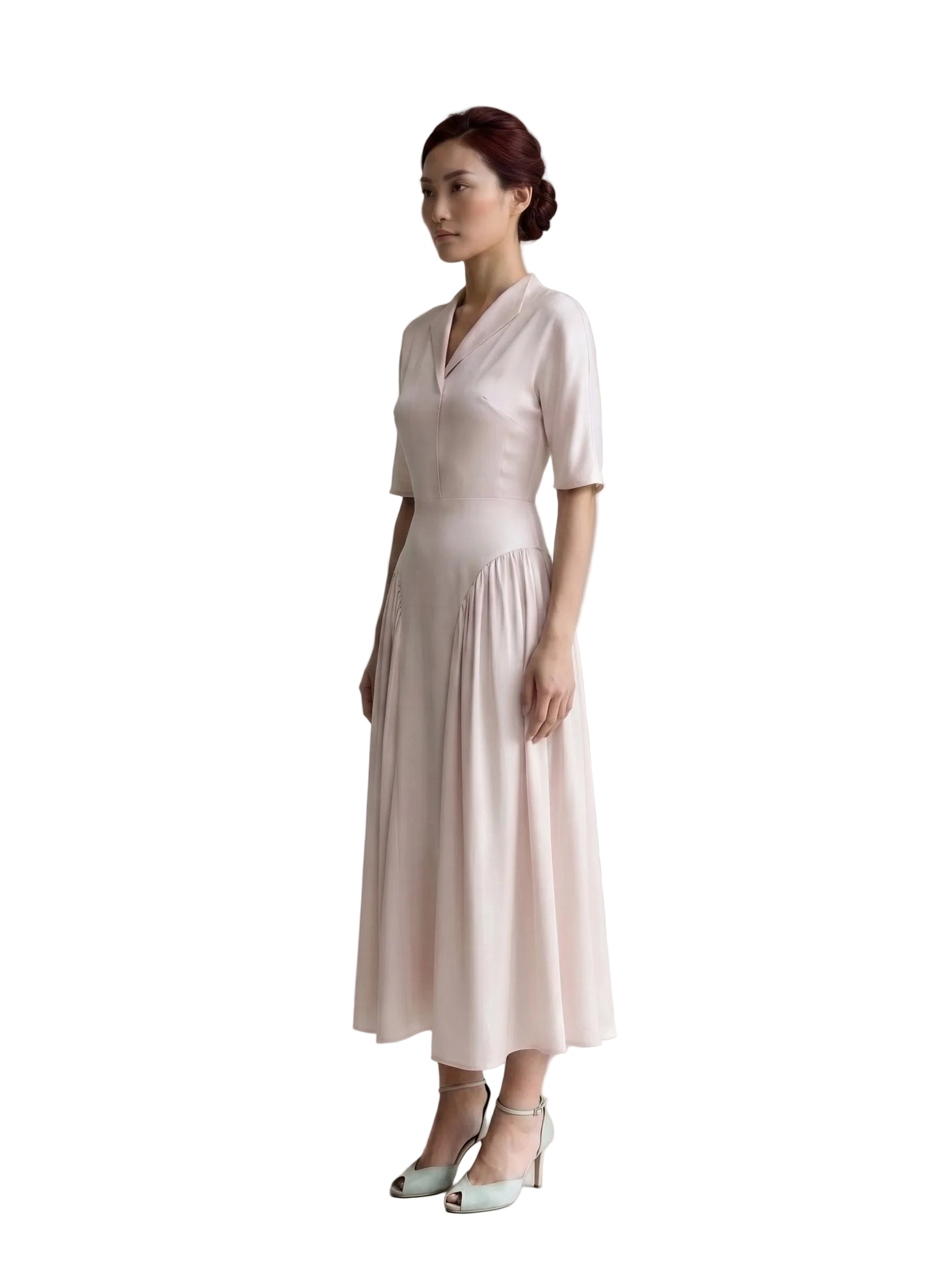 Vestido Midi con Cuello Solapa y Falda Plisada Rosa Polvos