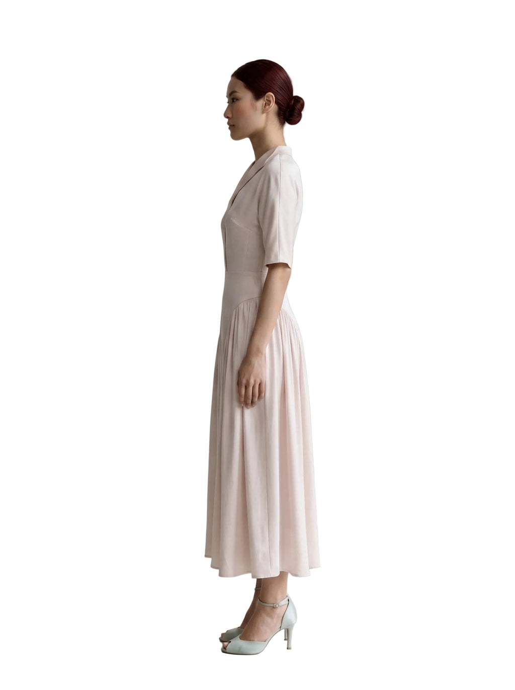 Vestido Midi con Cuello Solapa y Falda Plisada Rosa Polvos