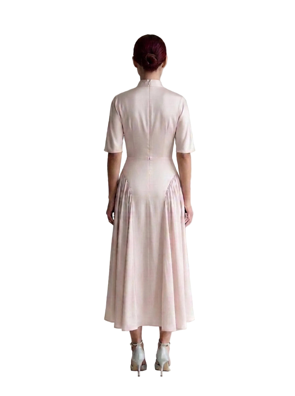 Vestido Midi con Cuello Solapa y Falda Plisada Rosa Polvos