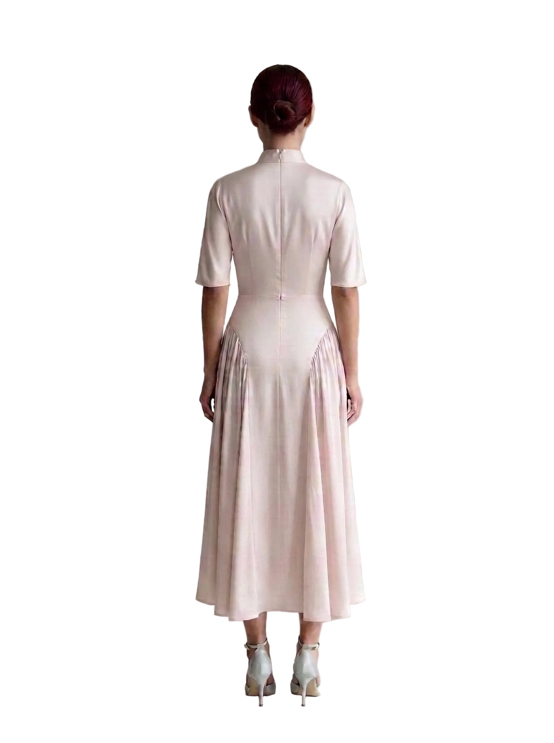 Vestido Midi con Cuello Solapa y Falda Plisada Rosa Polvos