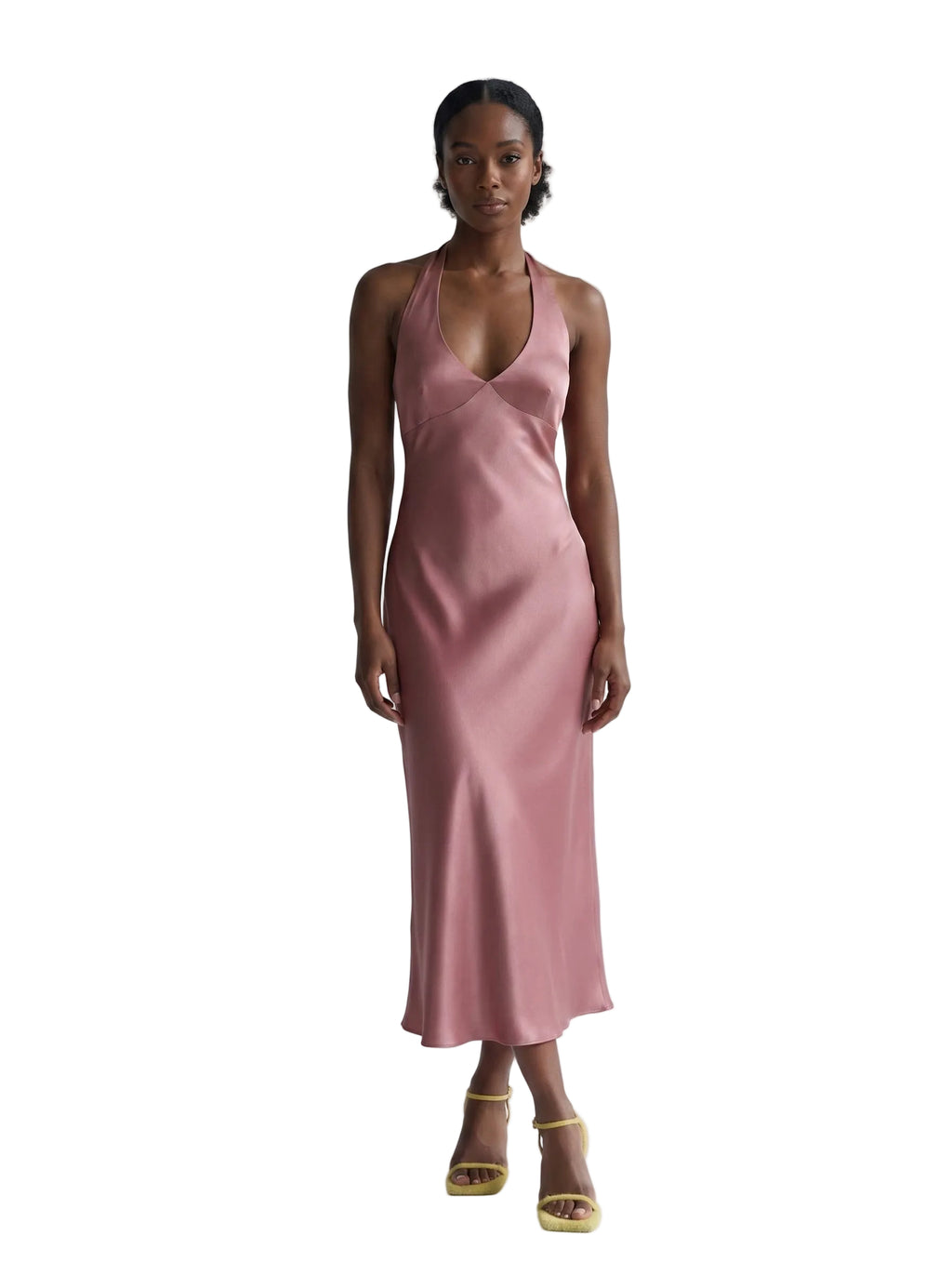 Vestido Midi Satinado con Escote Halter y Nudo Rosa Malva