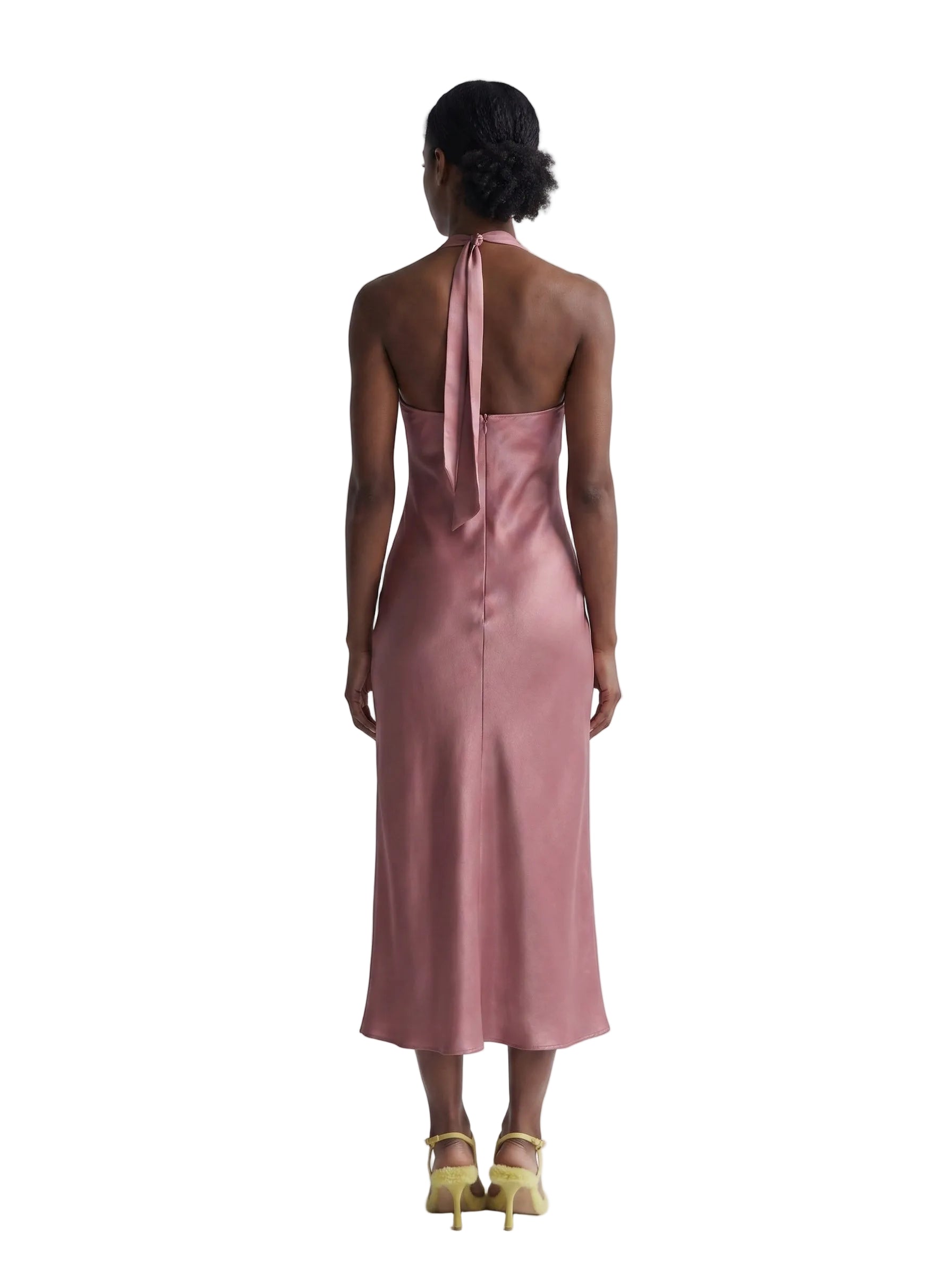Vestido Midi Satinado con Escote Halter y Nudo Rosa Malva