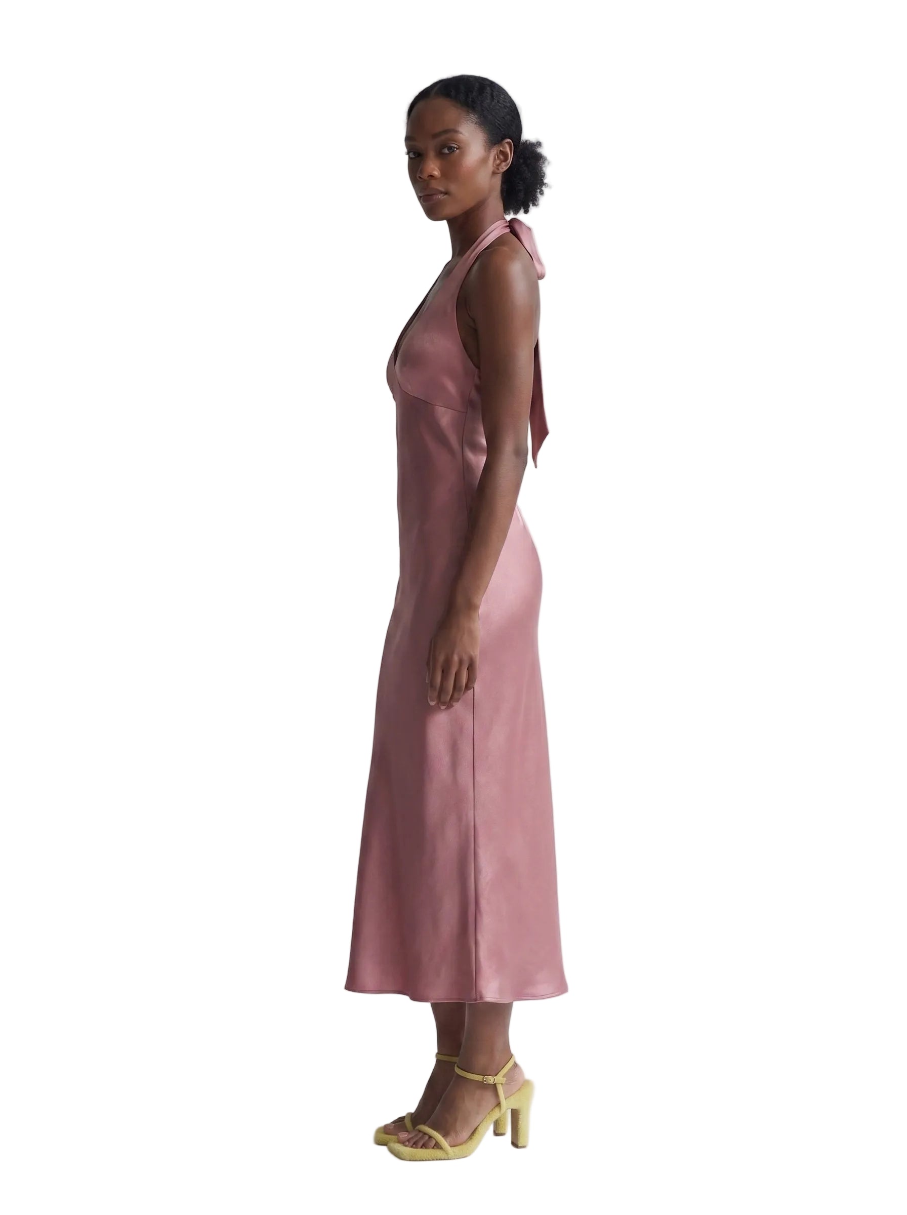 Vestido Midi Satinado con Escote Halter y Nudo Rosa Malva