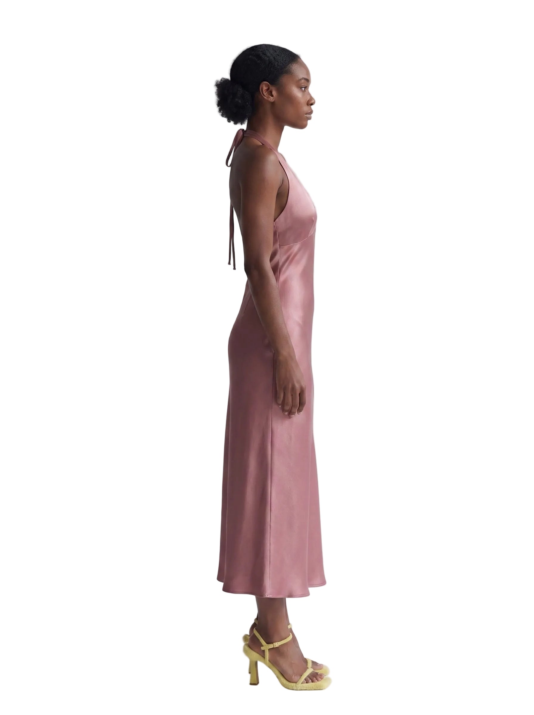 Vestido Midi Satinado con Escote Halter y Nudo Rosa Malva