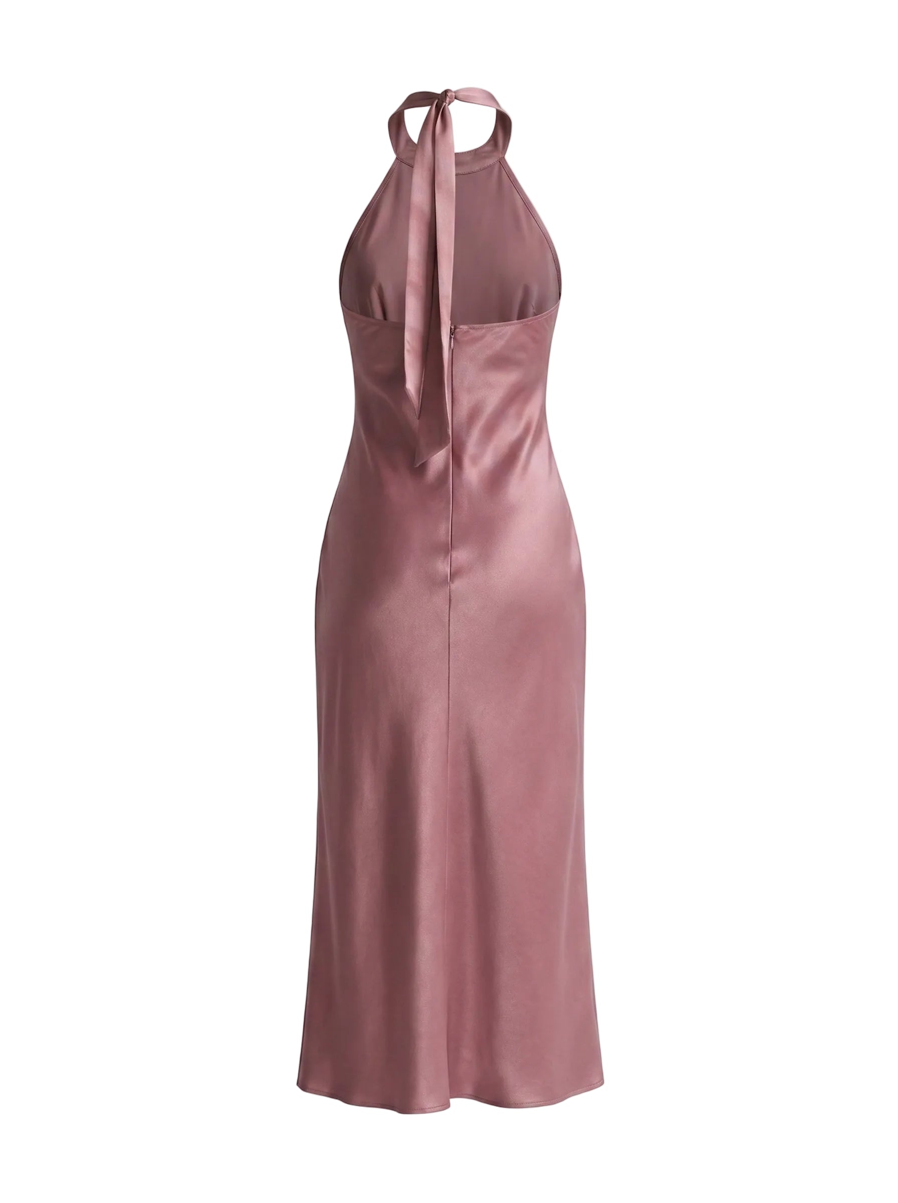 Vestido Midi Satinado con Escote Halter y Nudo Rosa Malva