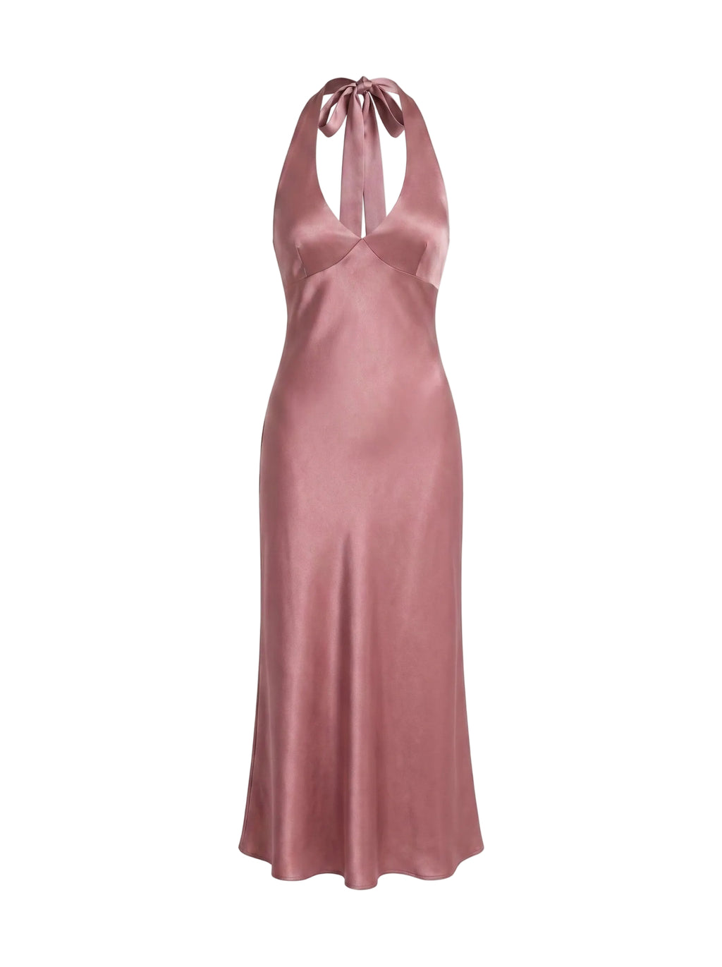 Vestido Midi Satinado con Escote Halter y Nudo Rosa Malva