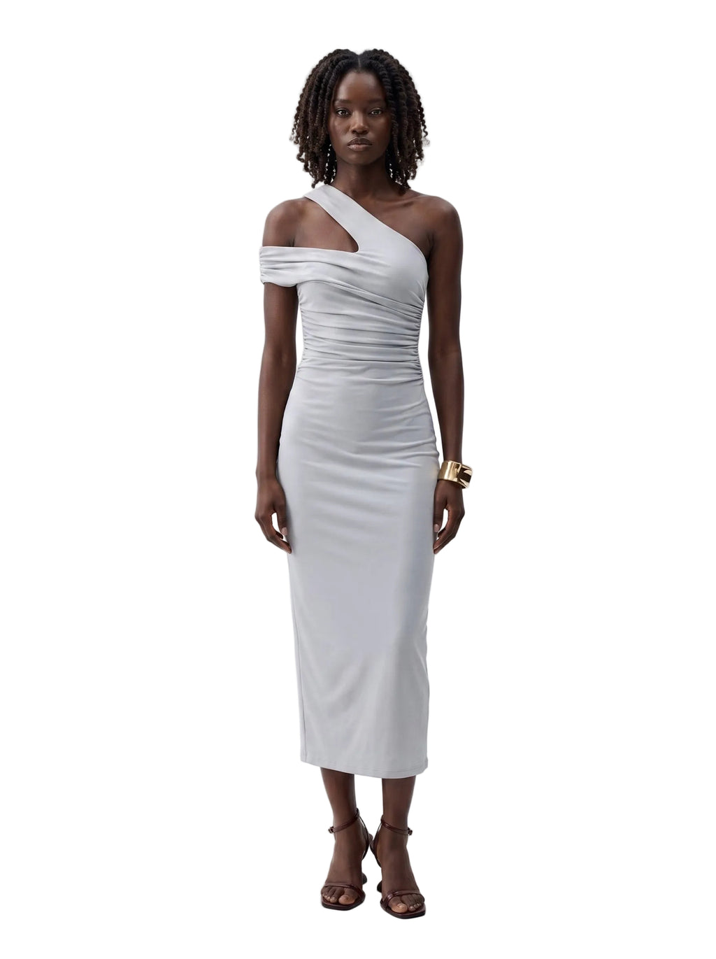 Vestido Midi Un Hombro con Drapeado Gris Plata