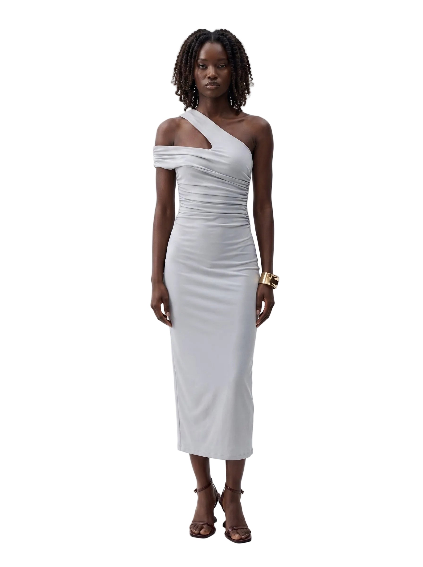 Vestido Midi Un Hombro con Drapeado Gris Plata