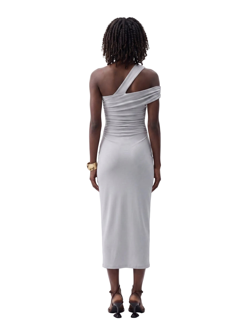 Vestido Midi Un Hombro con Drapeado Gris Plata