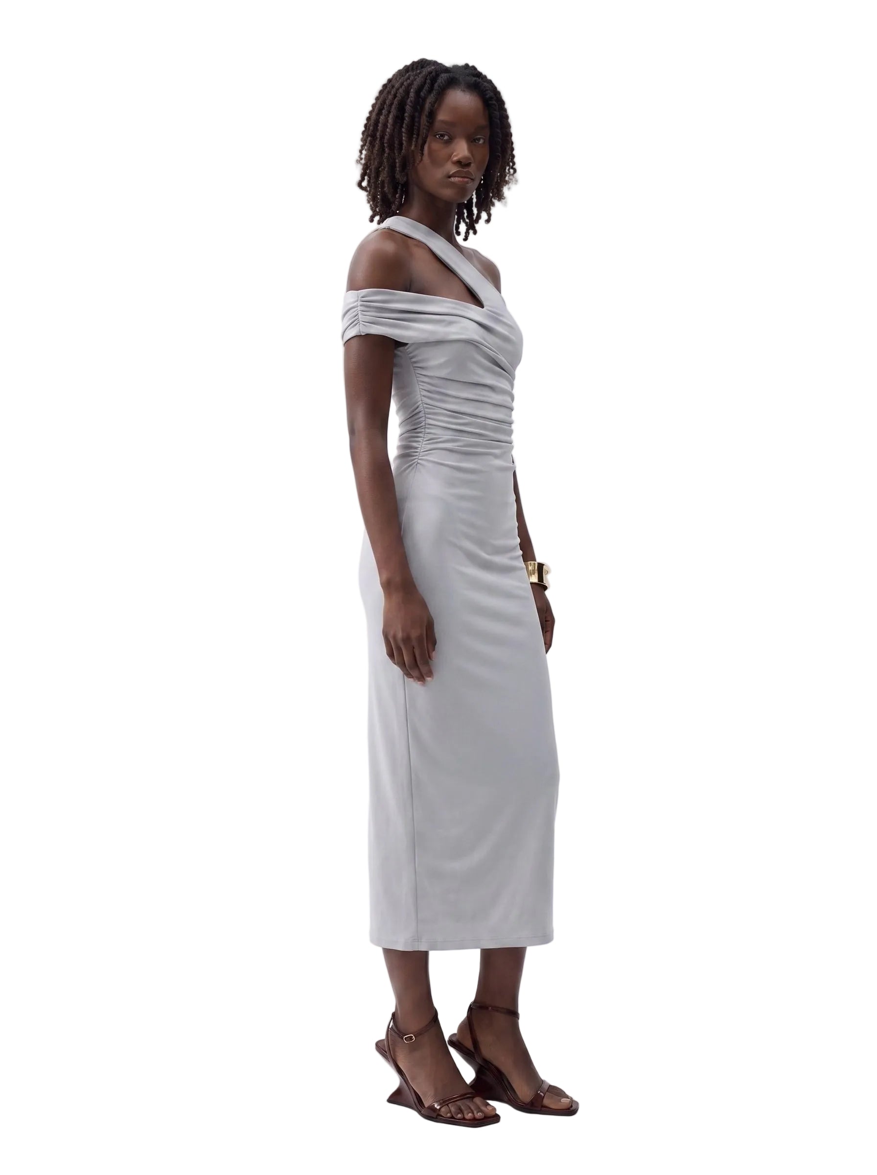 Vestido Midi Un Hombro con Drapeado Gris Plata