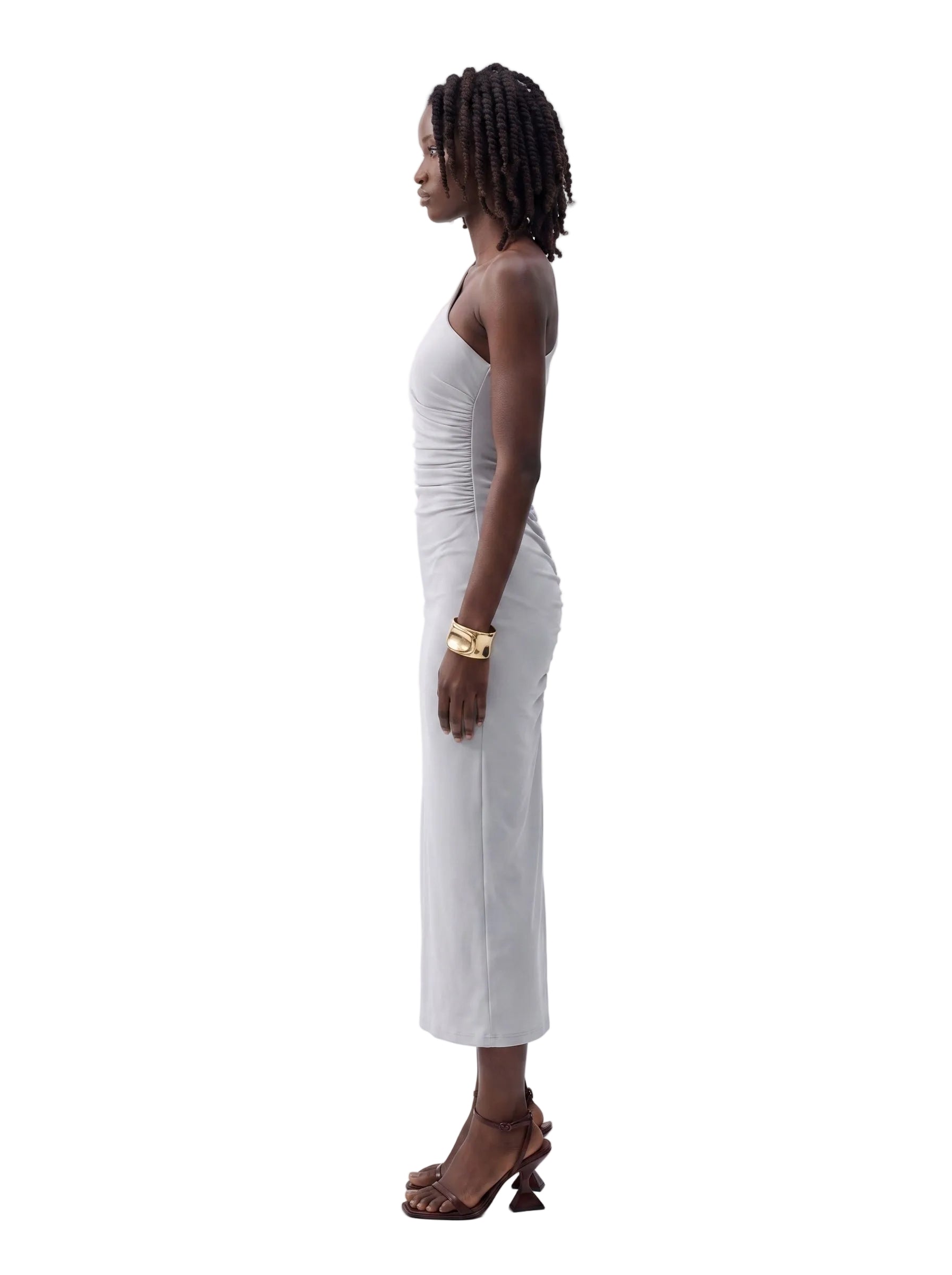 Vestido Midi Un Hombro con Drapeado Gris Plata