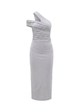 Vestido Midi Un Hombro con Drapeado Gris Plata