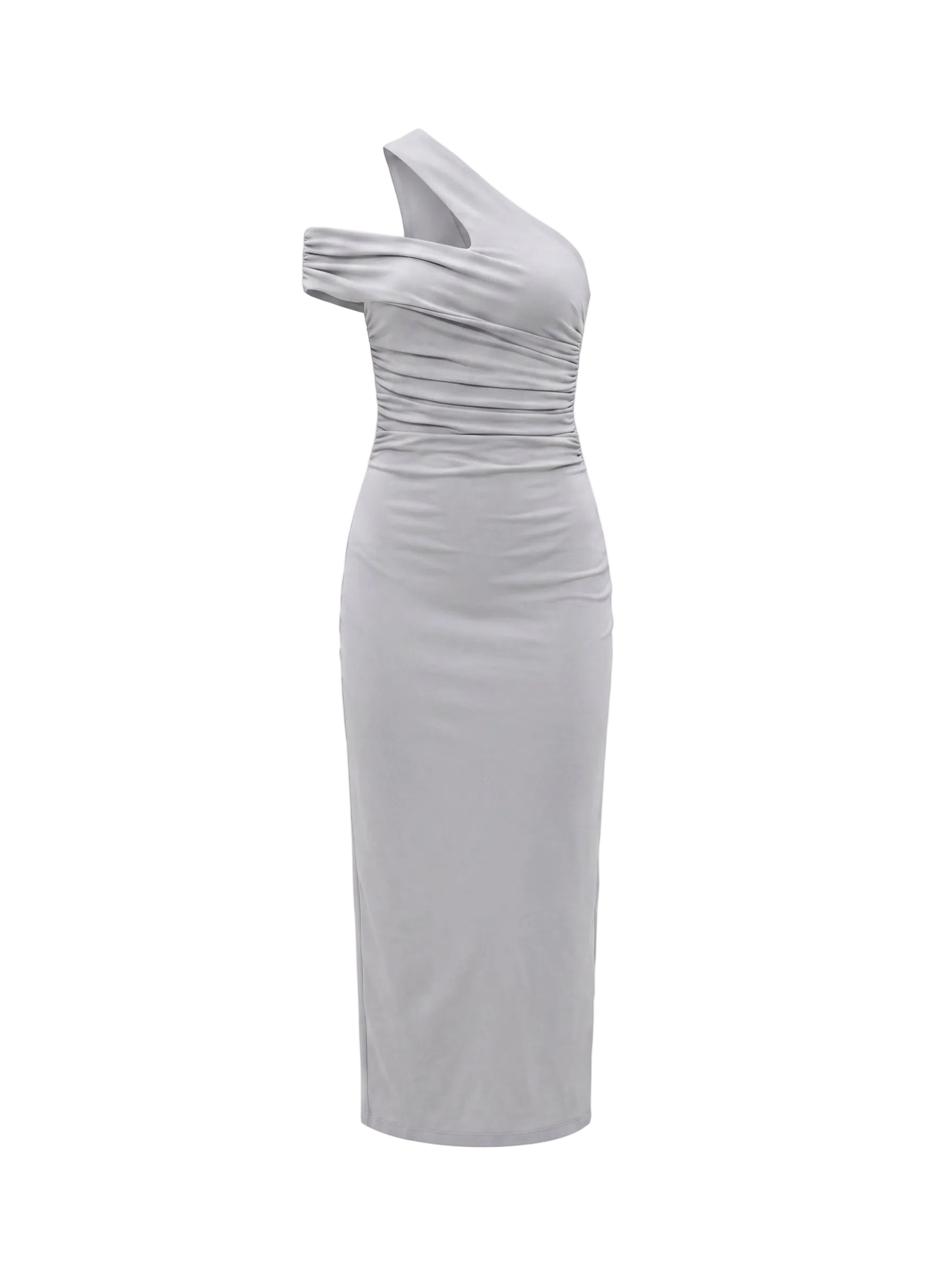 Vestido Midi Un Hombro con Drapeado Gris Plata