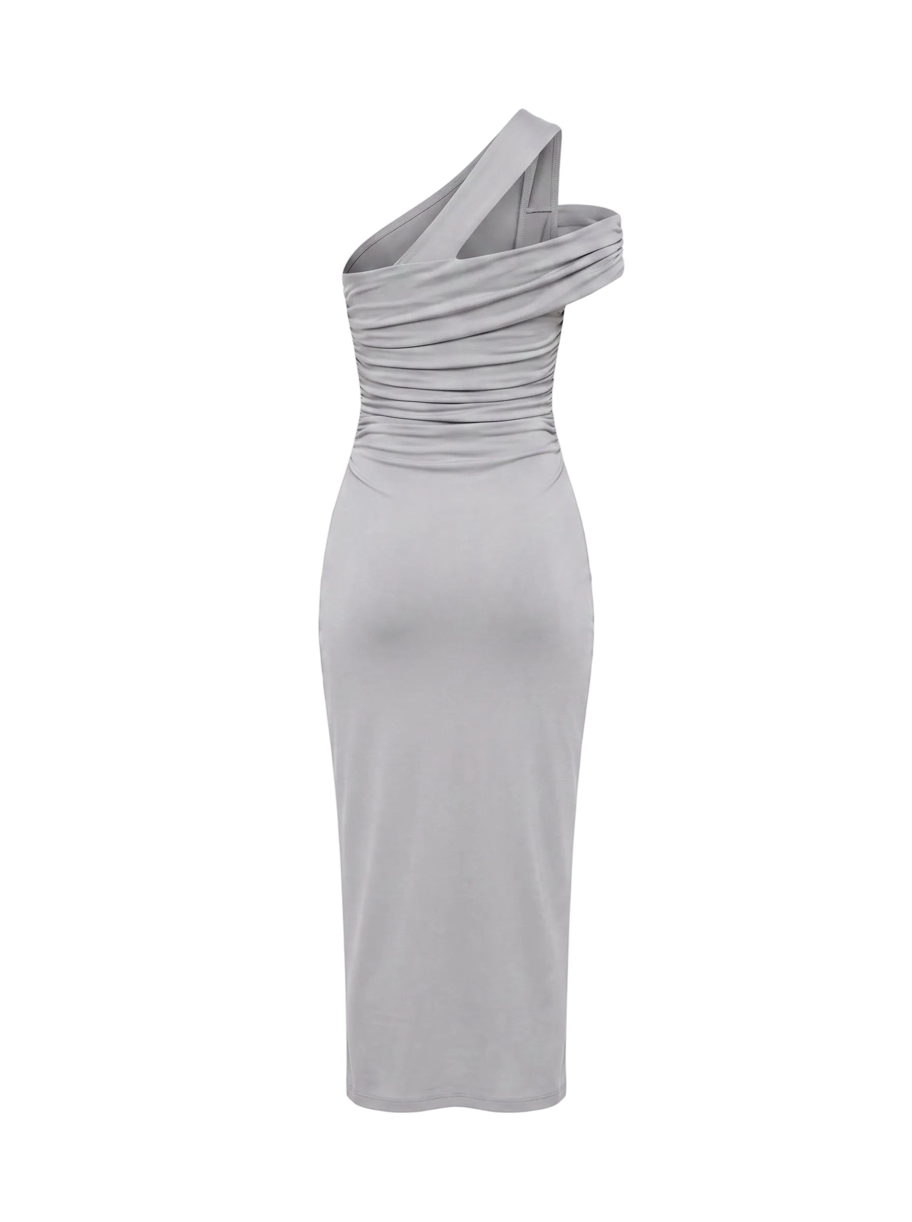 Vestido Midi Un Hombro con Drapeado Gris Plata