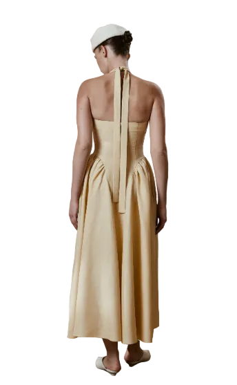 Vestido Halter en Lino con Falda Asimétrica Beige Arena