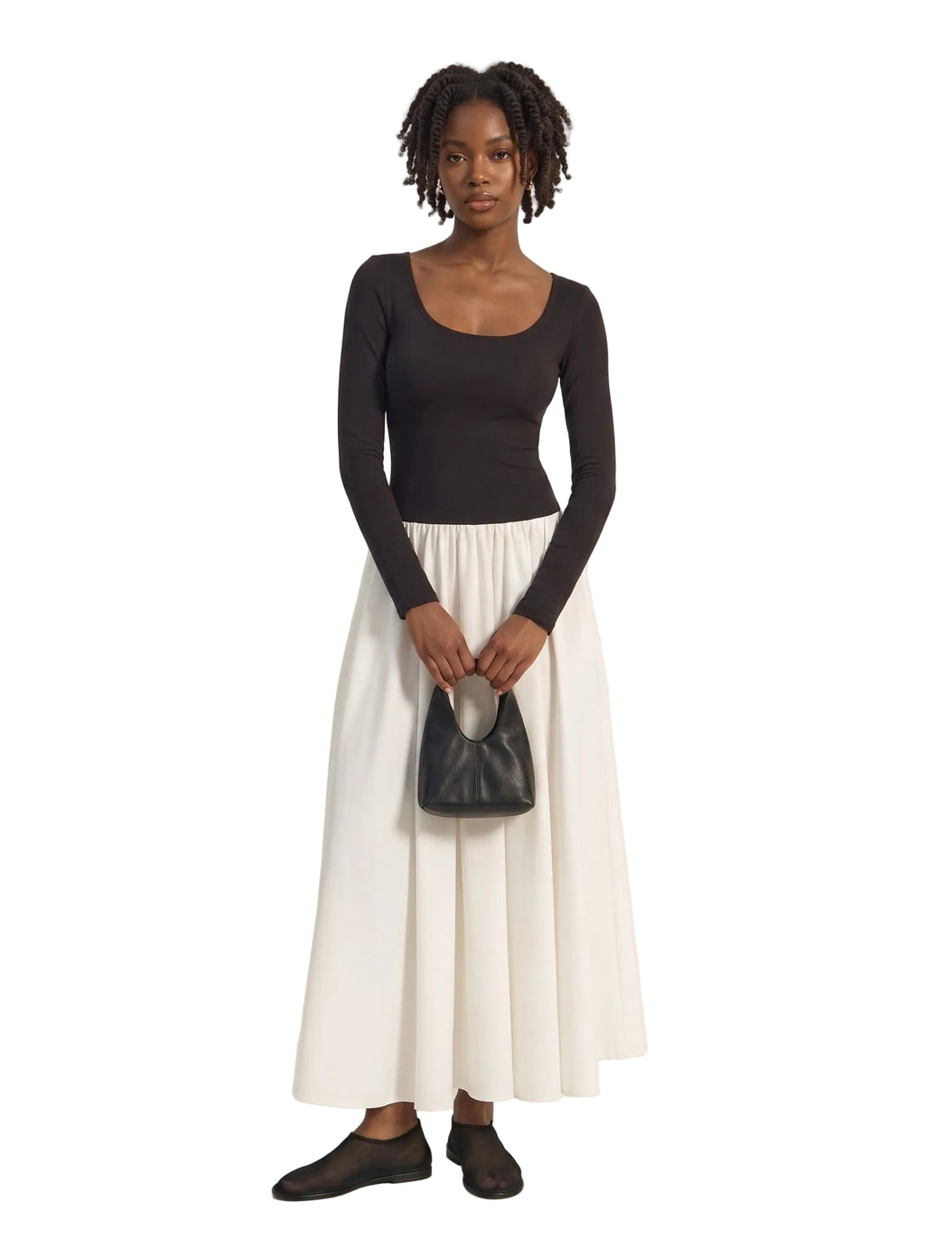 Vestido Midi Bicolor con Falda Plisada Negro y Marfil