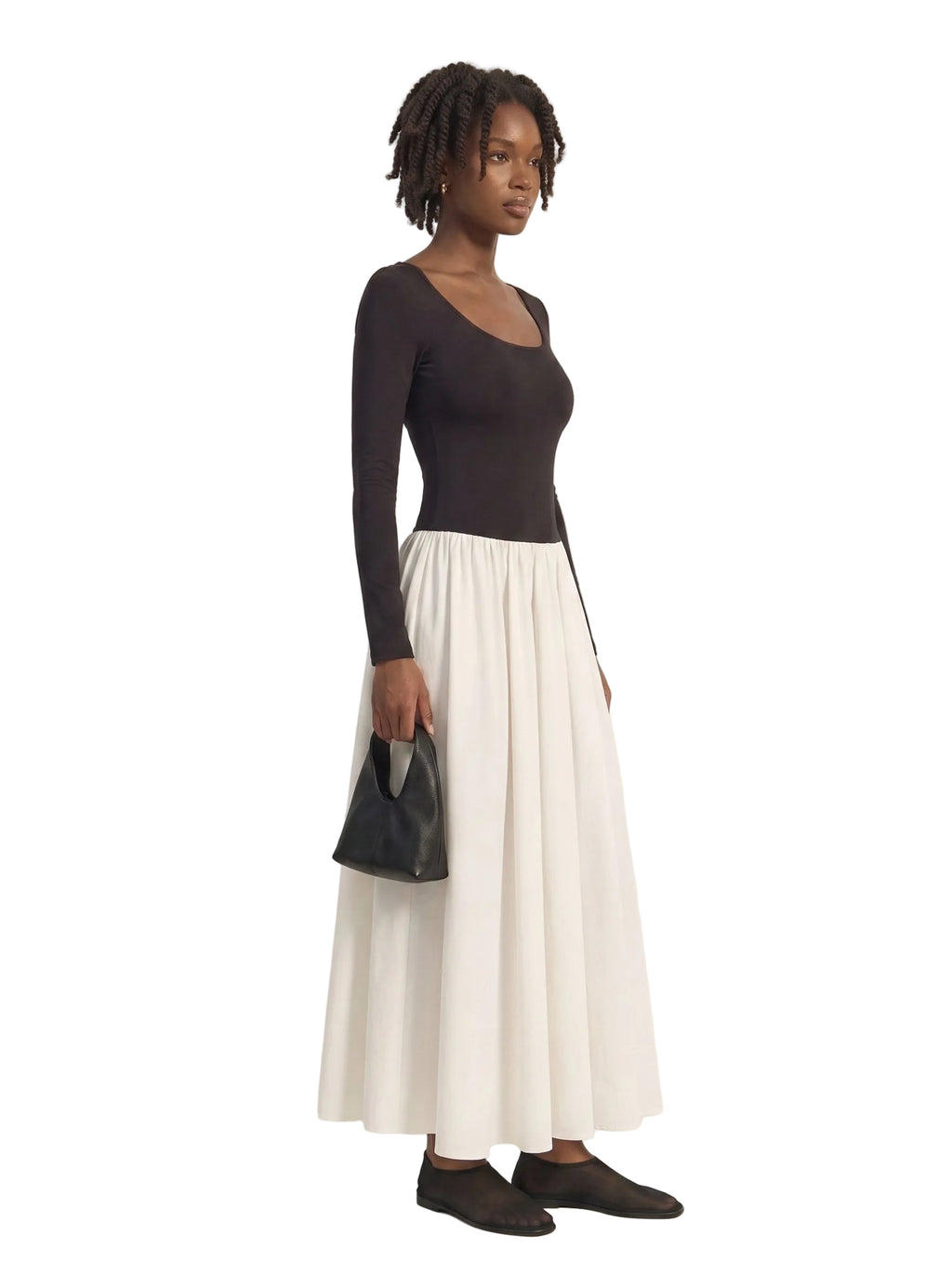 Vestido Midi Bicolor con Falda Plisada Negro y Marfil