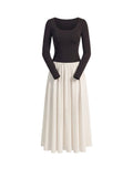 Vestido Midi Bicolor con Falda Plisada Negro y Marfil