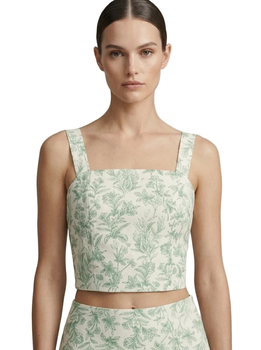 Top crop corset estampado botánico blanco y verde