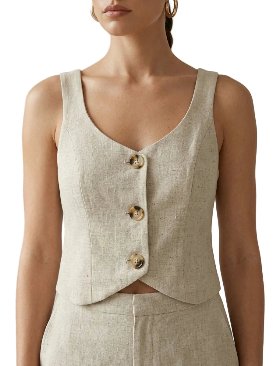 Chaleco crop de lino con botones arena natural