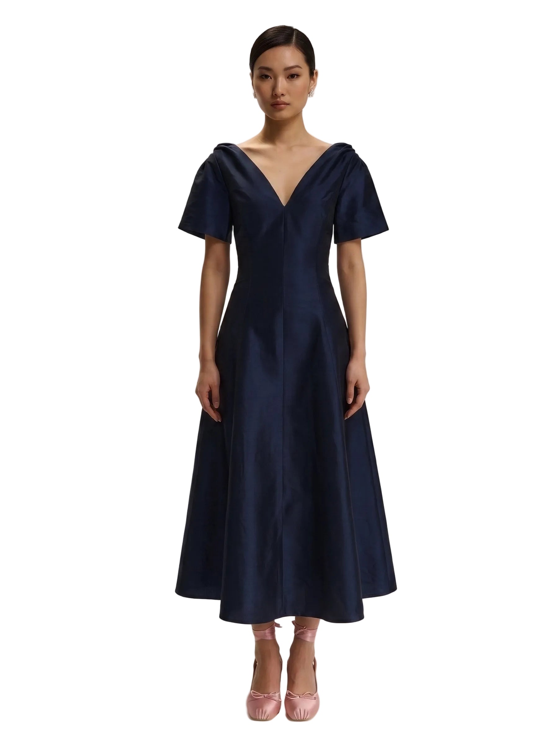 Vestido Midi en Tafetán con Mangas Tulipán Azul Marino