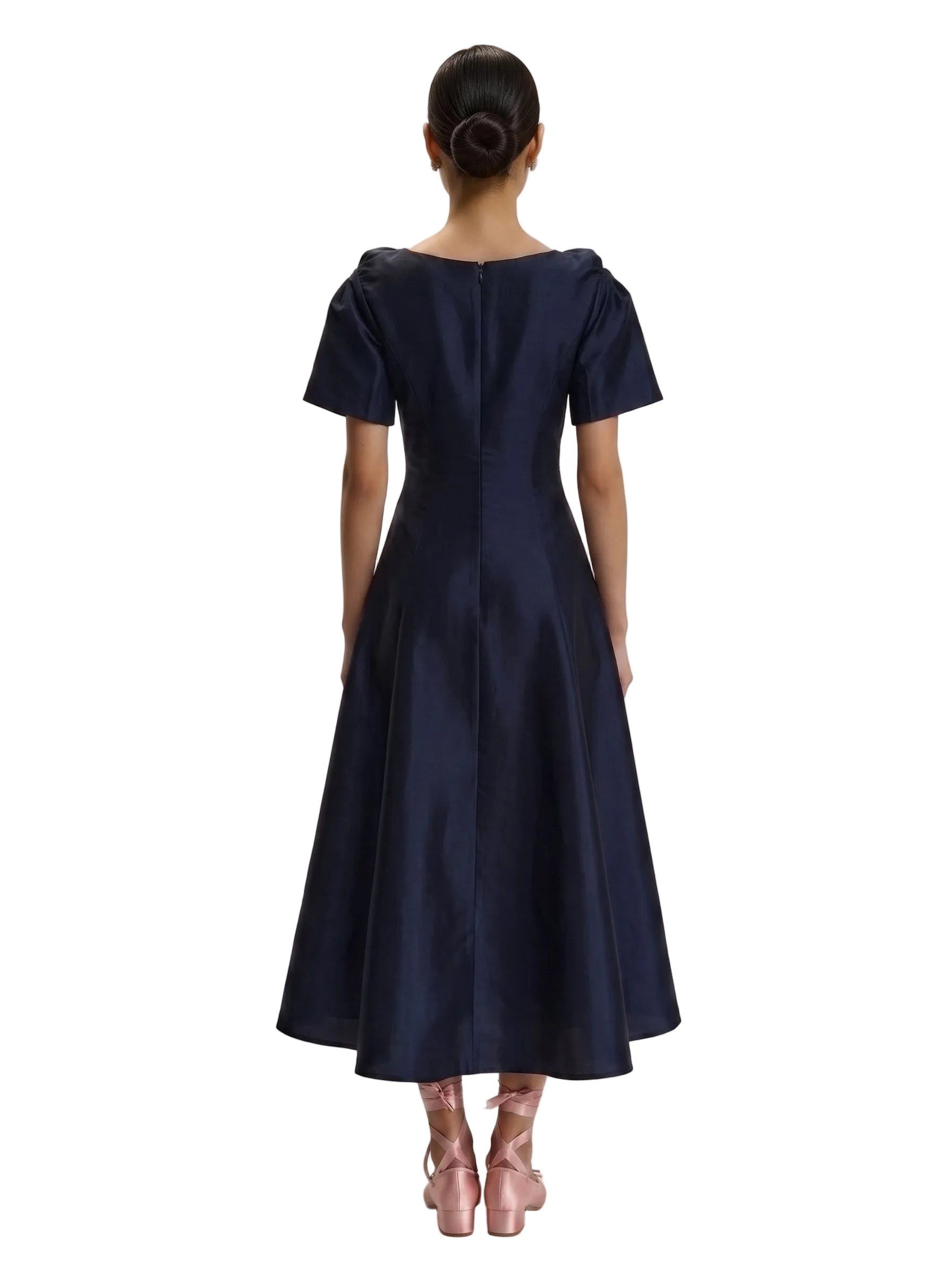 Vestido Midi en Tafetán con Mangas Tulipán Azul Marino