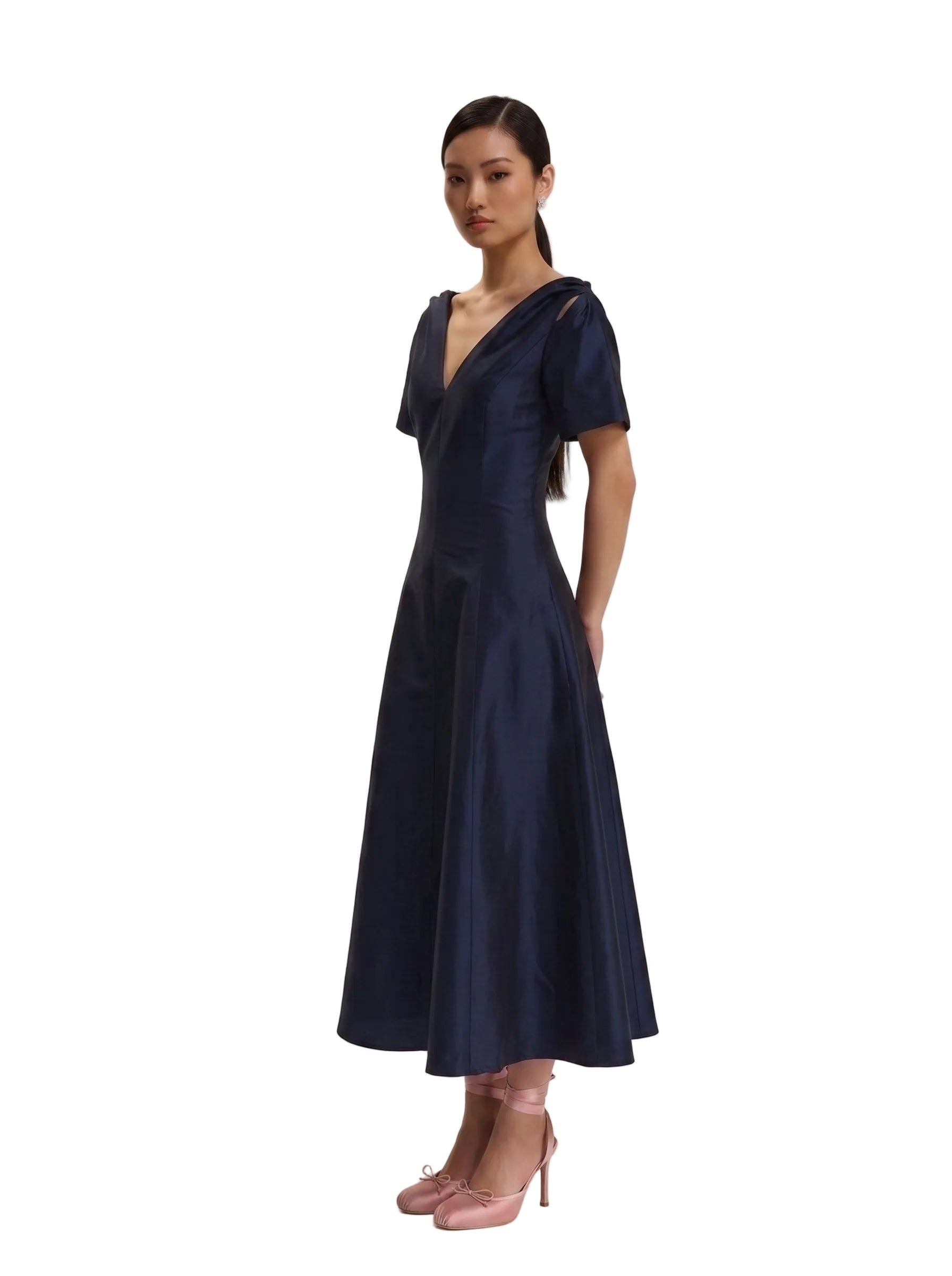 Vestido Midi en Tafetán con Mangas Tulipán Azul Marino