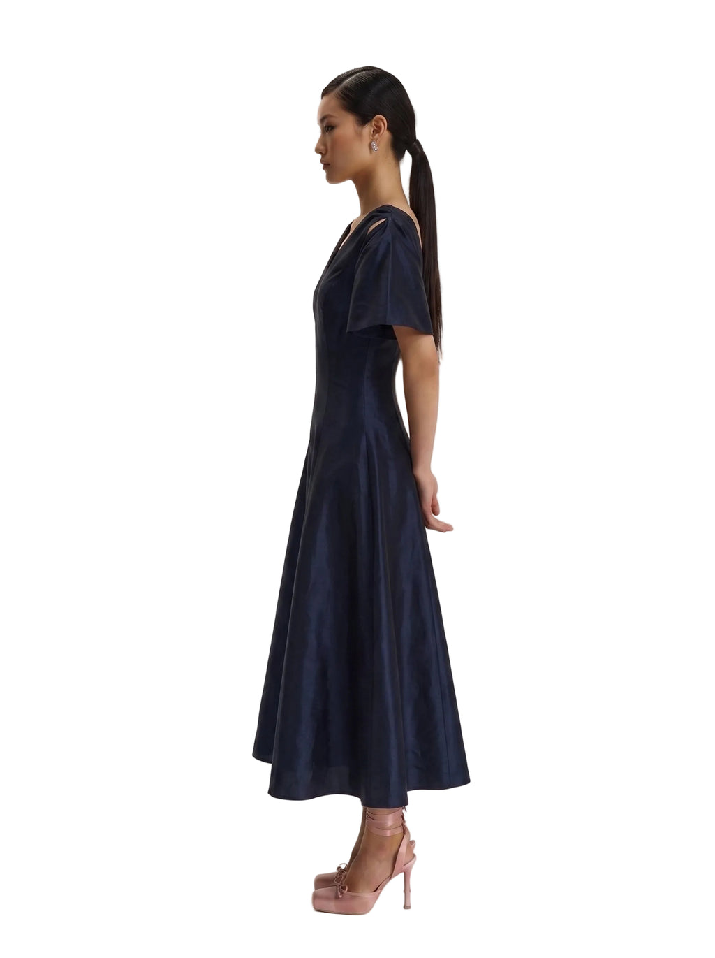 Vestido Midi en Tafetán con Mangas Tulipán Azul Marino