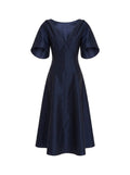 Vestido Midi en Tafetán con Mangas Tulipán Azul Marino