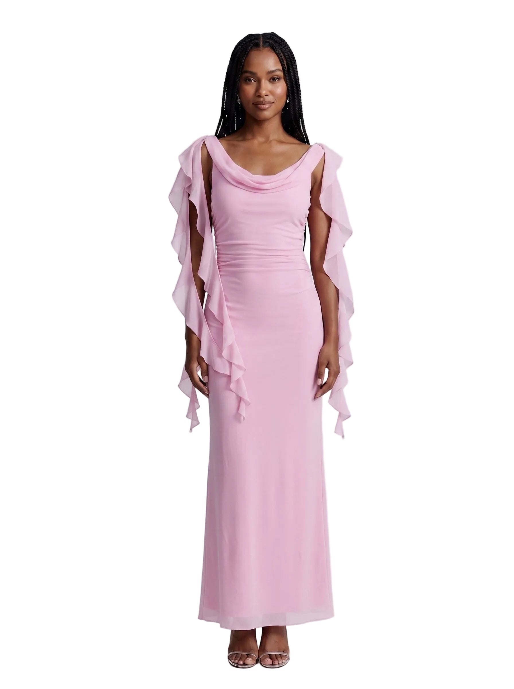 Vestido Largo con Mangas en Gasa y Drapeado Rosa Palo