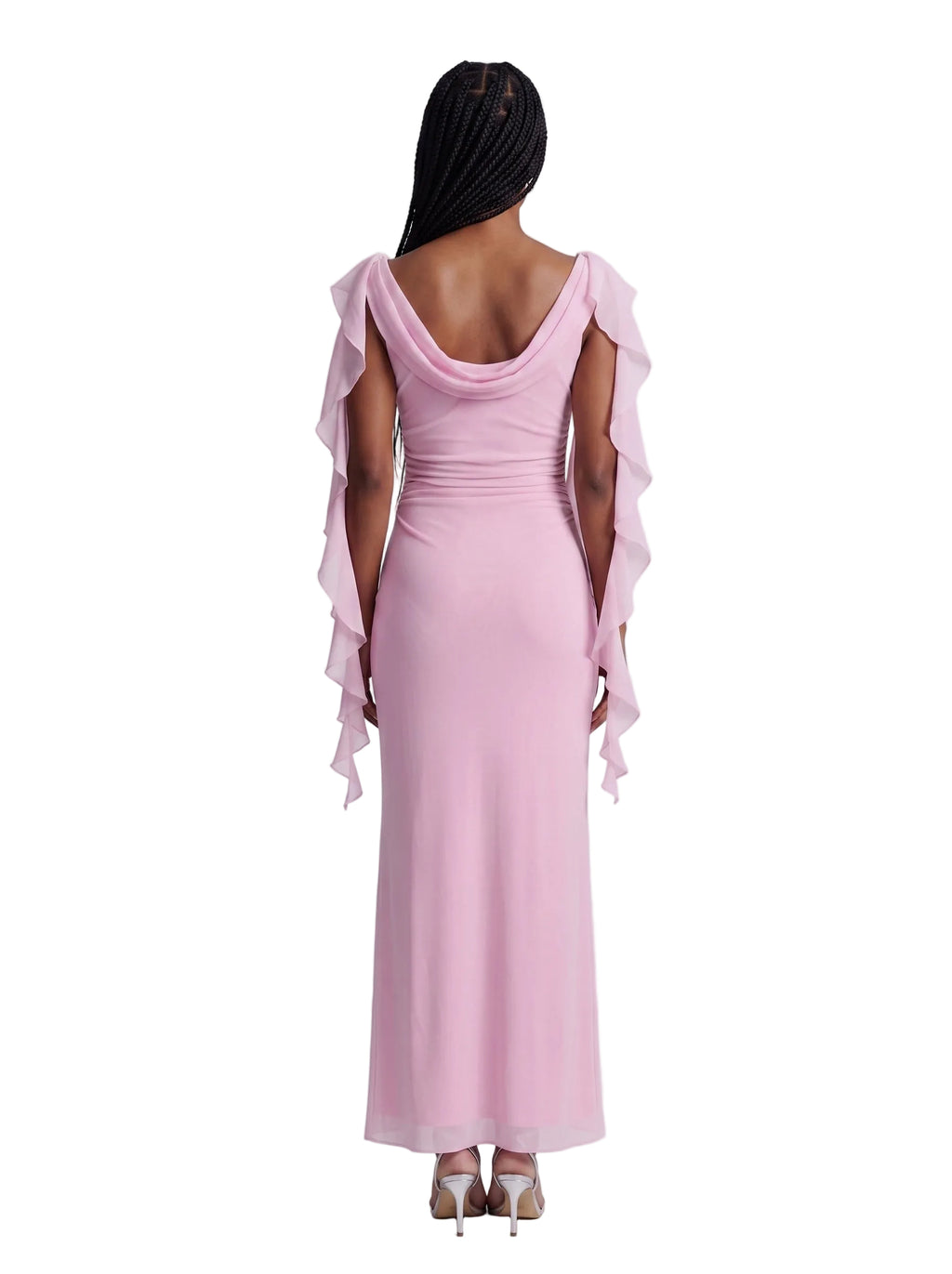 Vestido Largo con Mangas en Gasa y Drapeado Rosa Palo