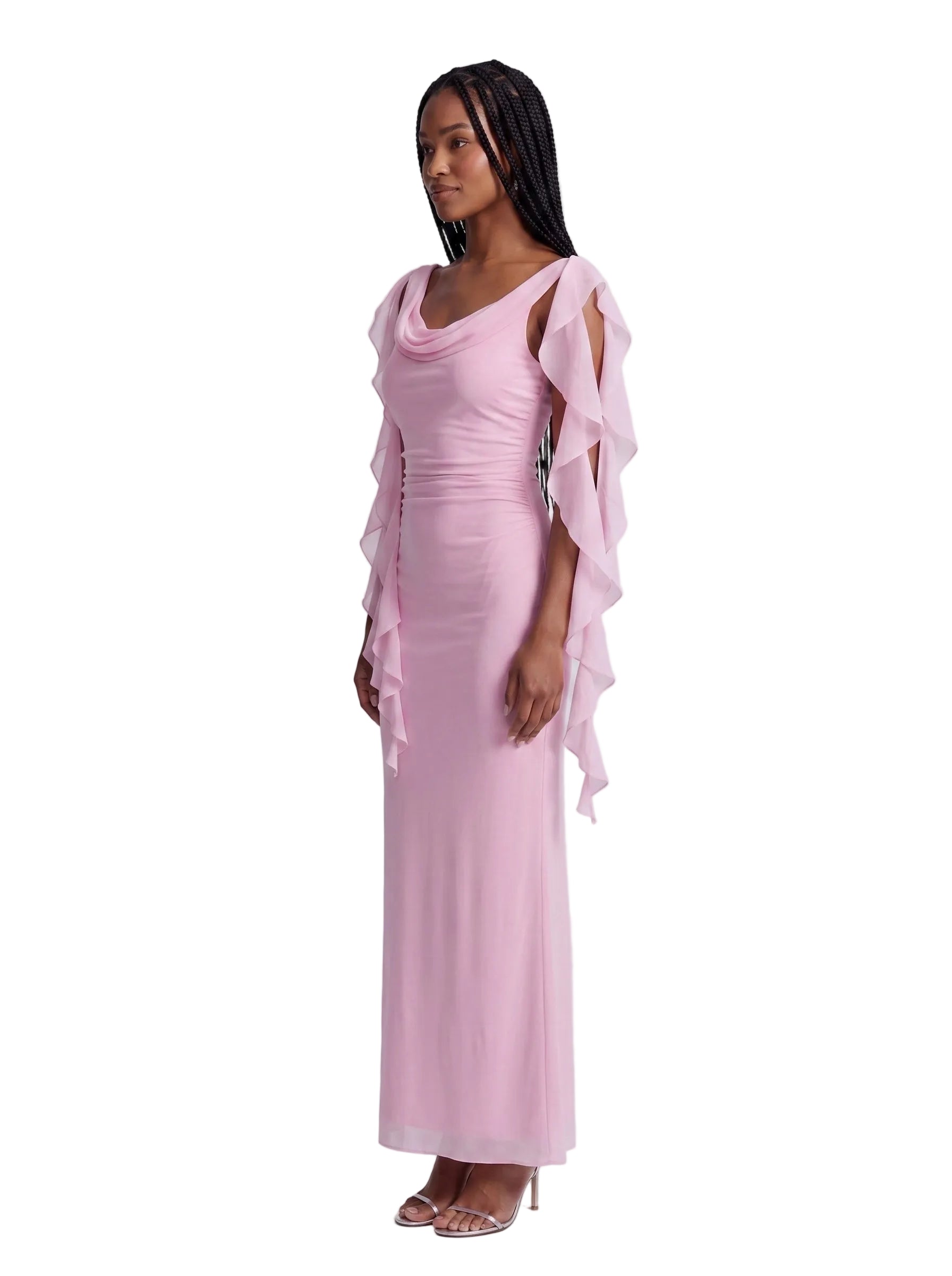 Vestido Largo con Mangas en Gasa y Drapeado Rosa Palo