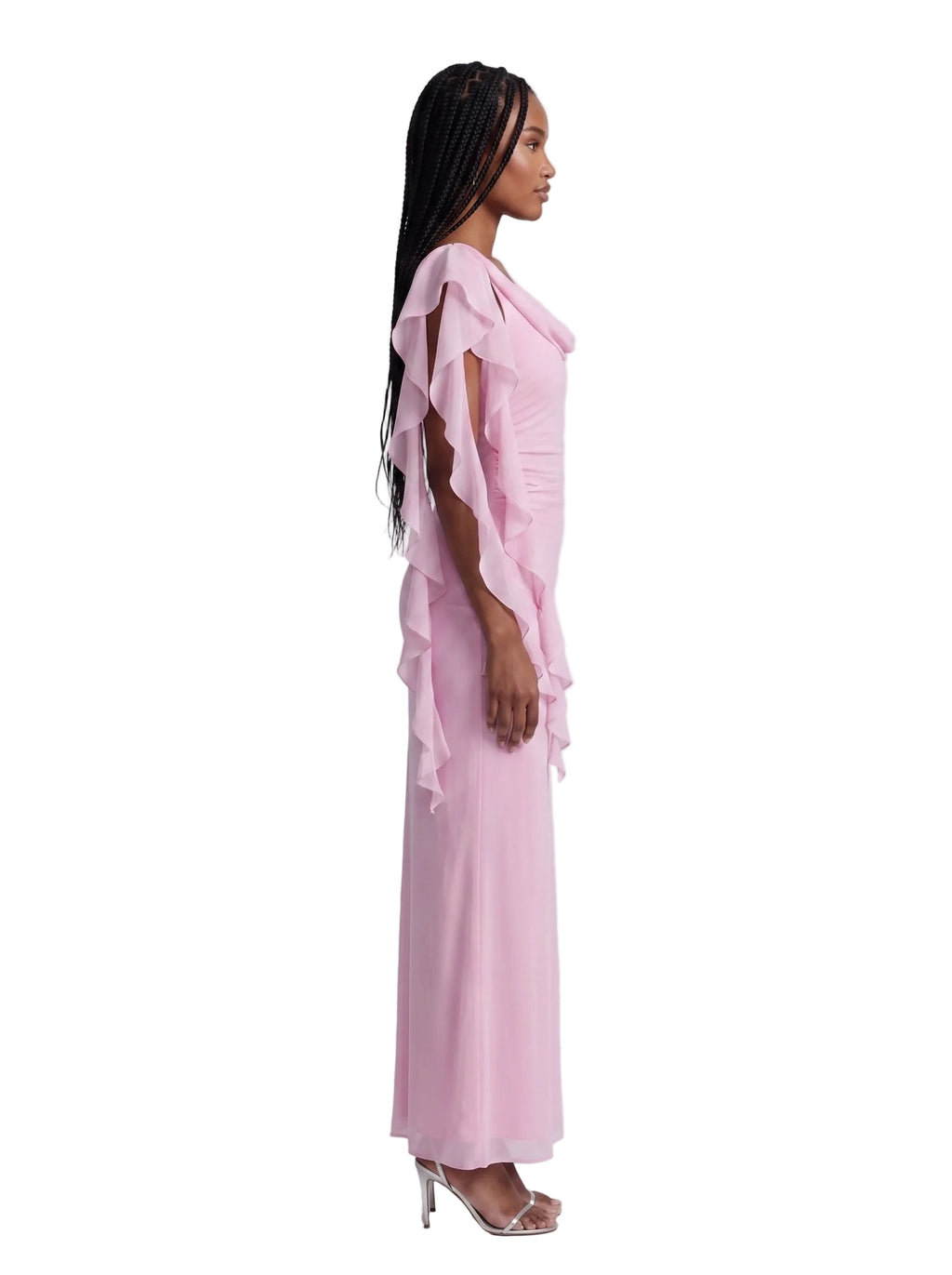 Vestido Largo con Mangas en Gasa y Drapeado Rosa Palo