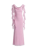 Vestido Largo con Mangas en Gasa y Drapeado Rosa Palo