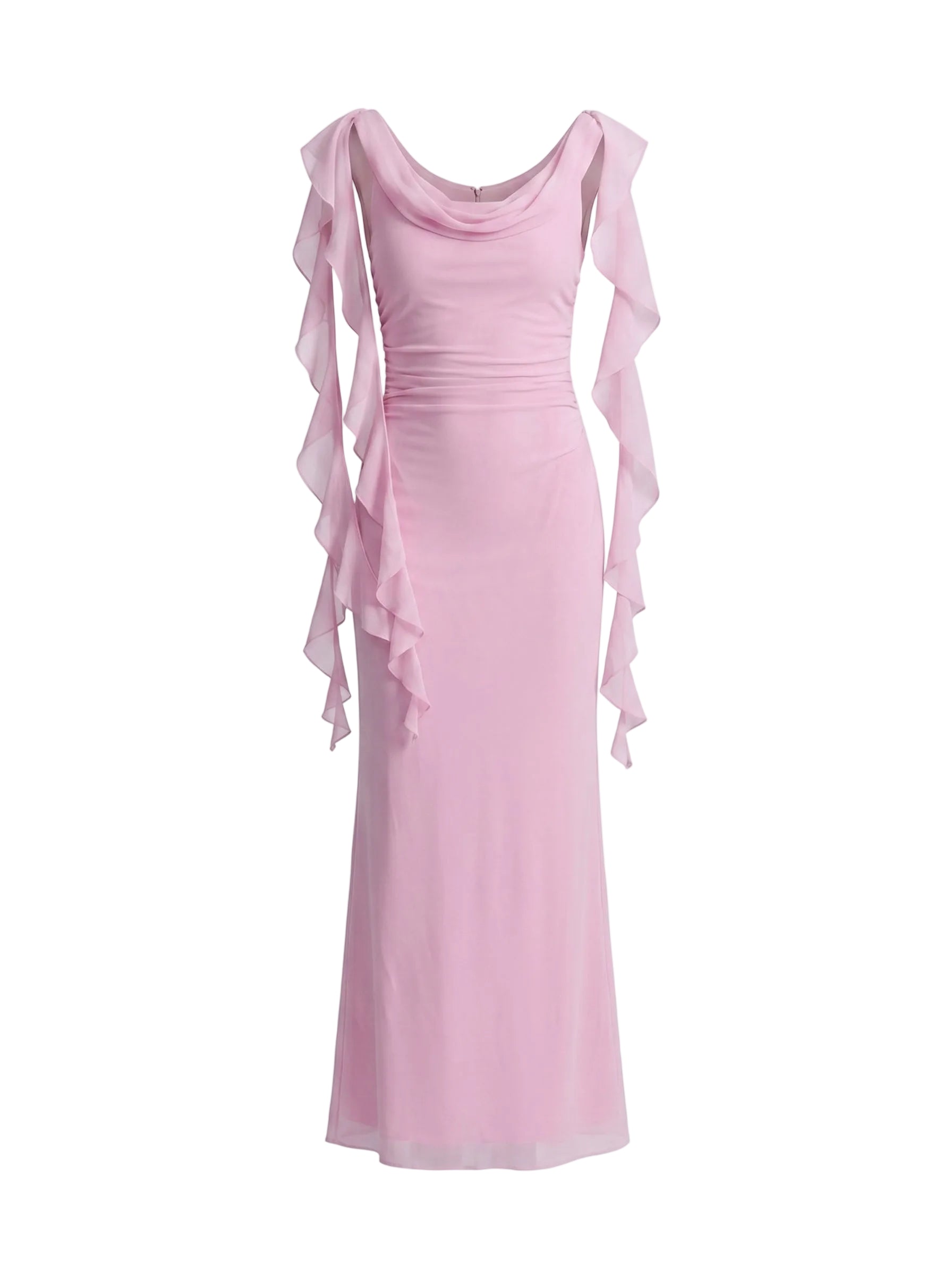Vestido Largo con Mangas en Gasa y Drapeado Rosa Palo