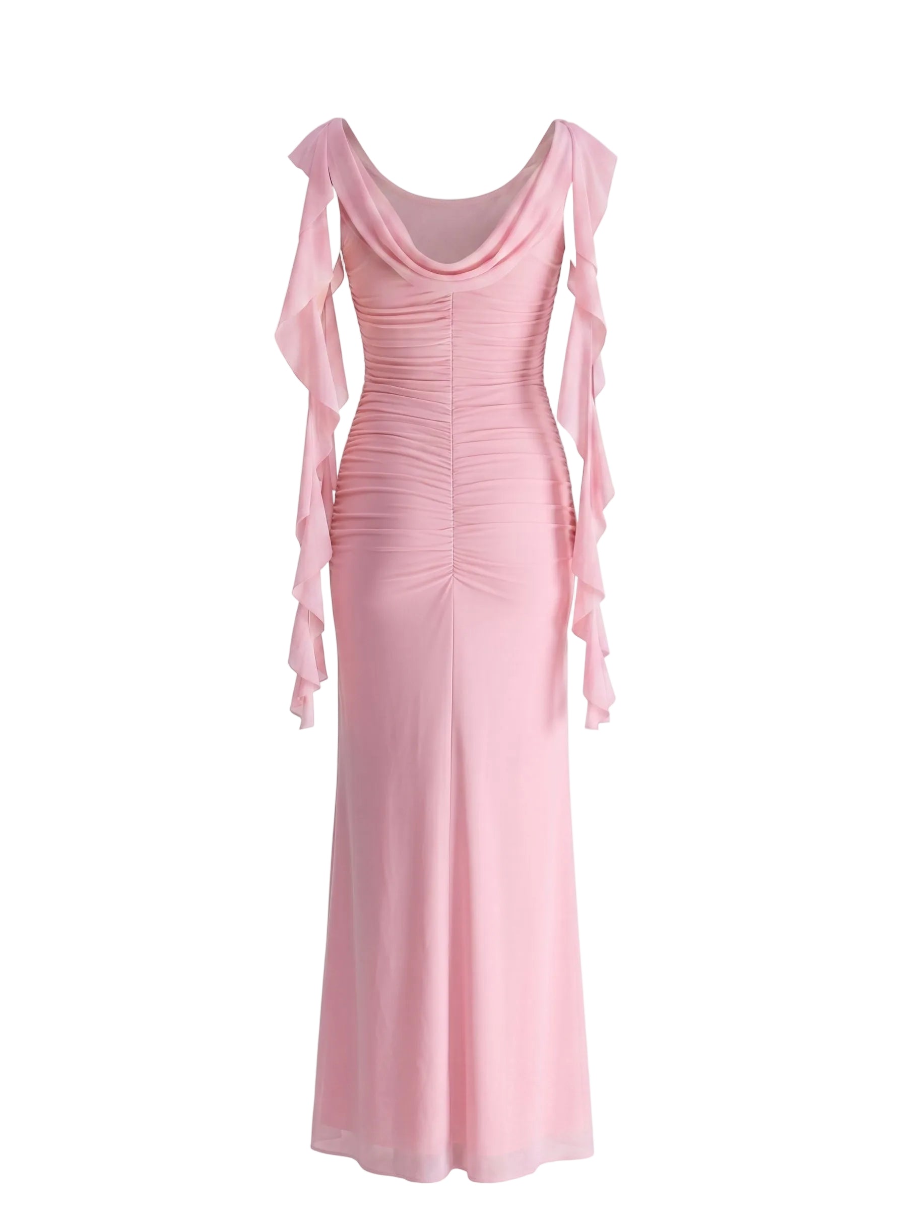 Vestido Largo con Mangas en Gasa y Drapeado Rosa Palo