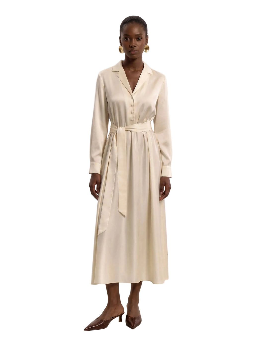Vestido Maxi Camisero en Satén con Cinturón Beige Marfil
