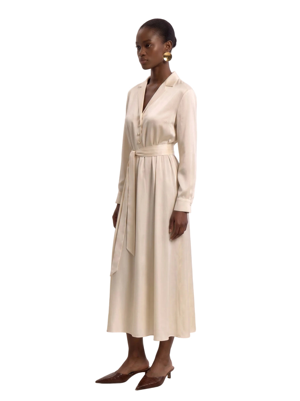 Vestido Maxi Camisero en Satén con Cinturón Beige Marfil