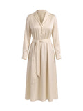 Vestido Maxi Camisero en Satén con Cinturón Beige Marfil