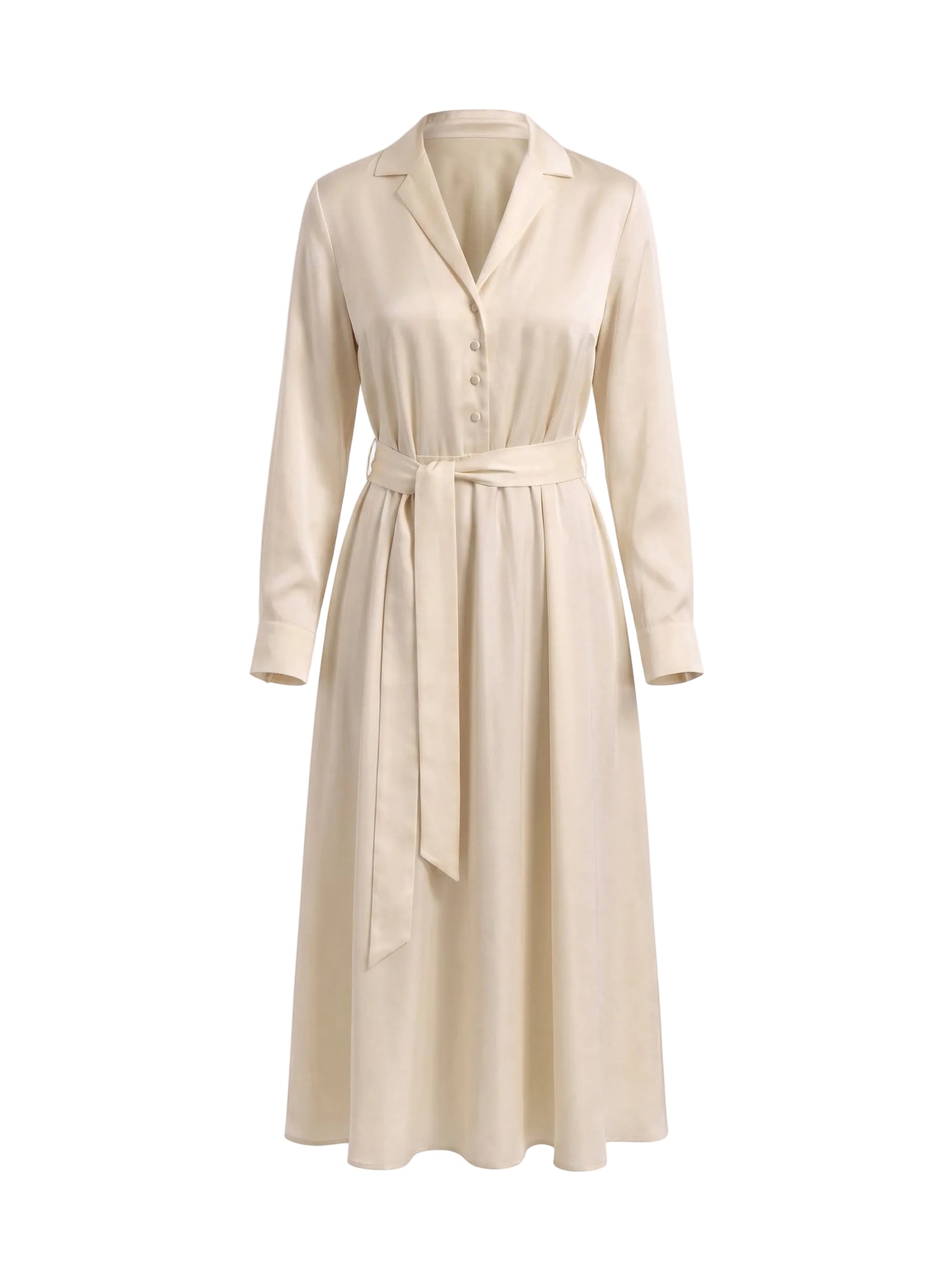 Vestido Maxi Camisero en Satén con Cinturón Beige Marfil
