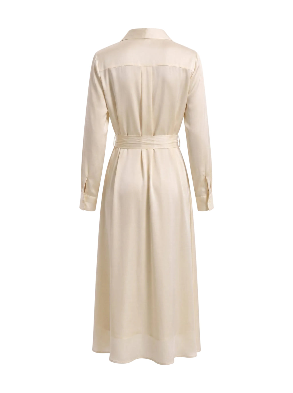 Vestido Maxi Camisero en Satén con Cinturón Beige Marfil