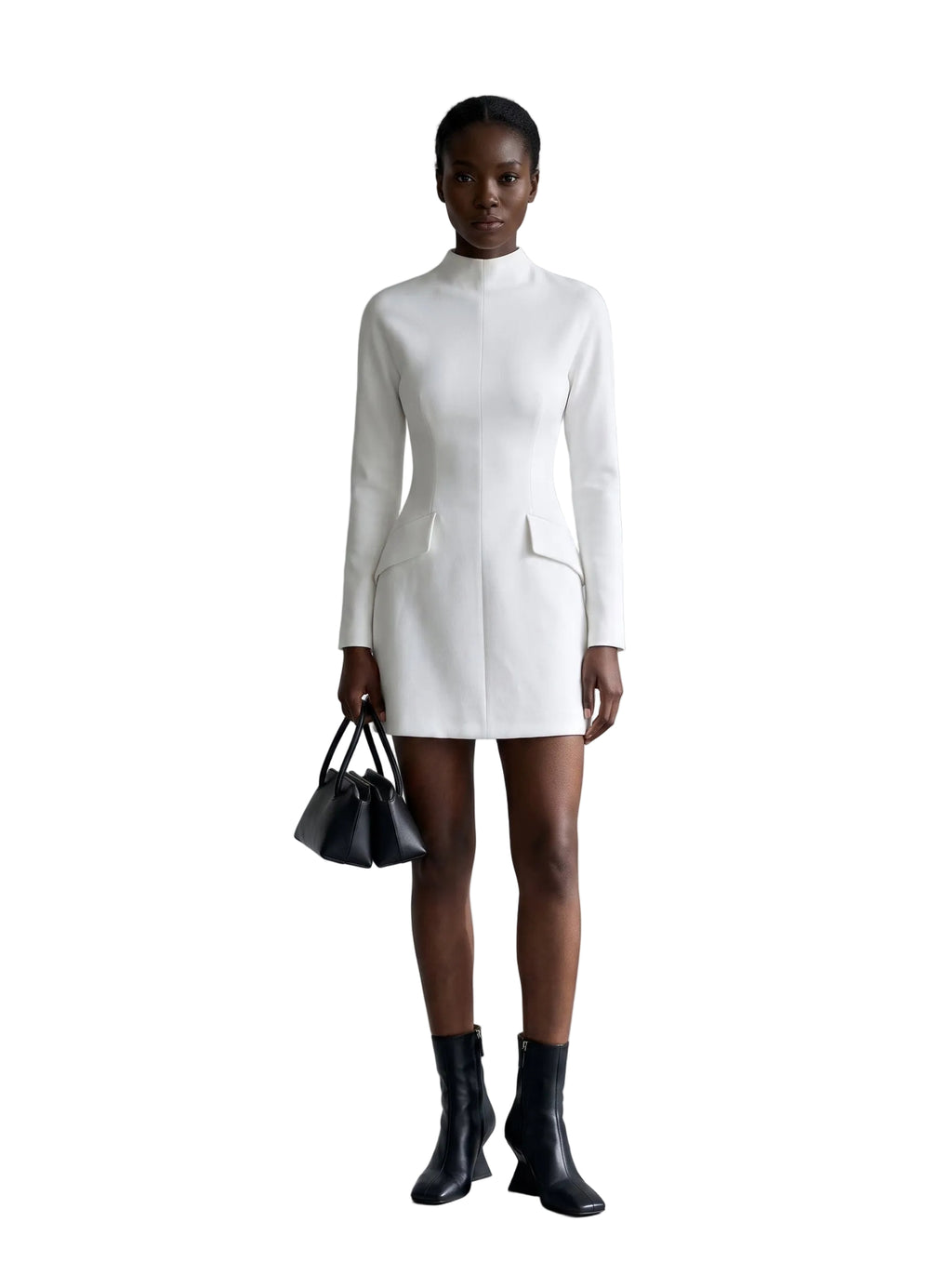 Vestido Mini Estructurado con Cuello Alto Blanco Marfil