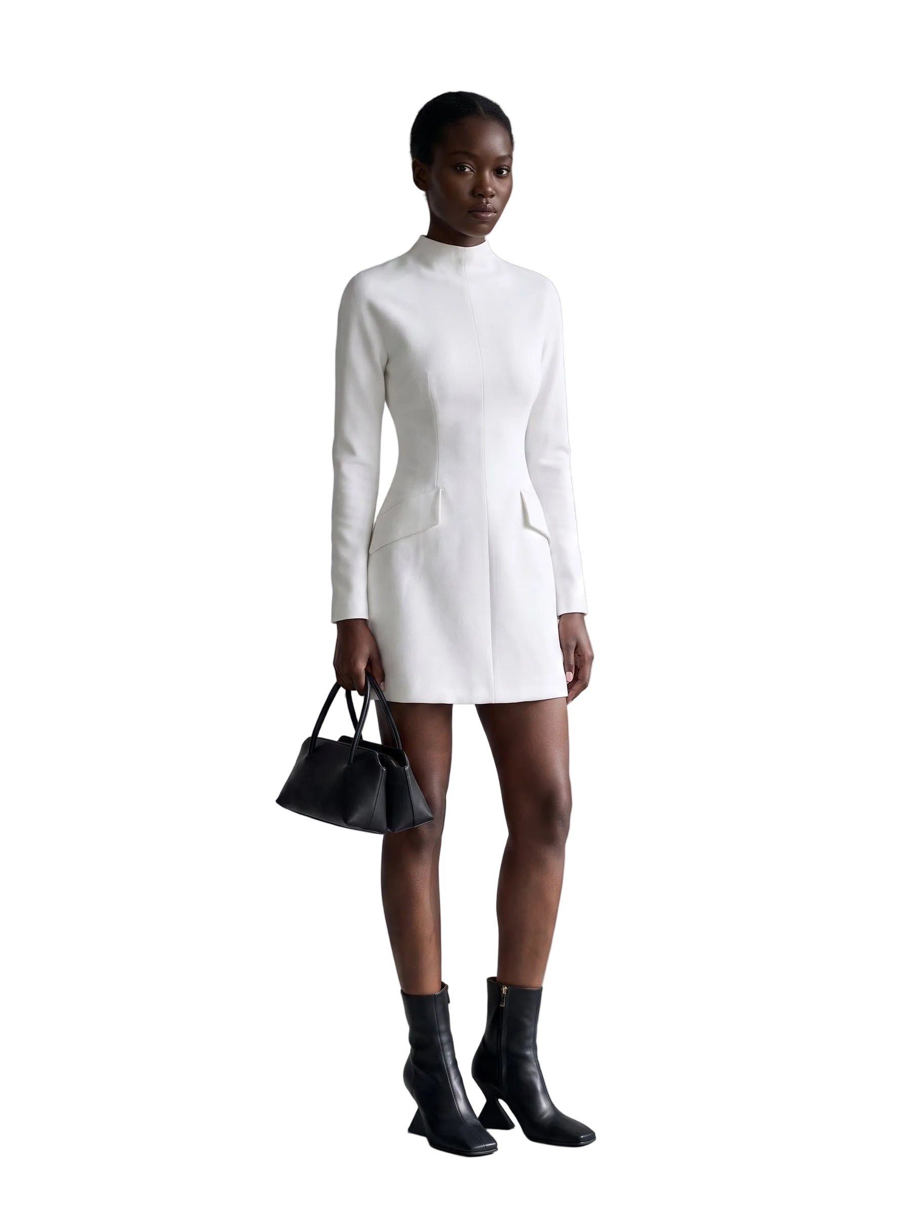 Vestido Mini Estructurado con Cuello Alto Blanco Marfil