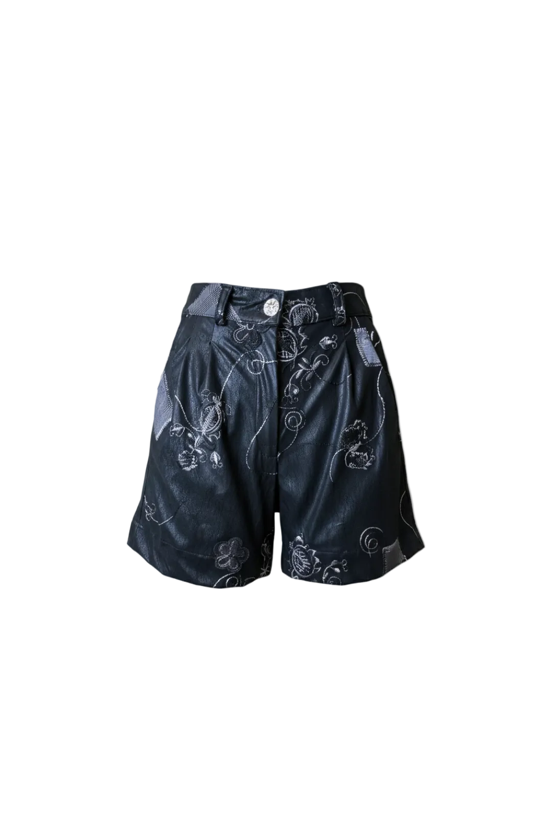 Short negro de cuero con bordado botánico