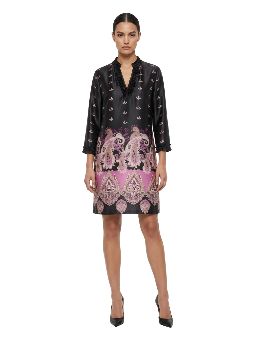 VESTIDO SEDA NEGRA CON MAGENTA