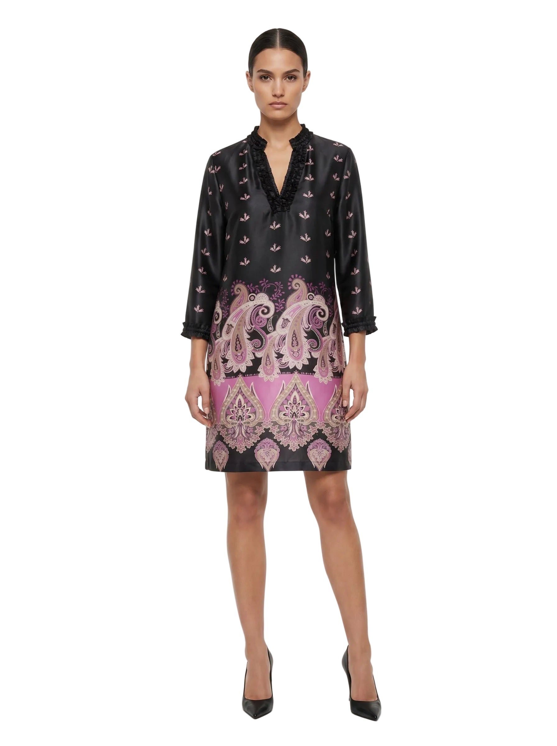 VESTIDO SEDA NEGRA CON MAGENTA